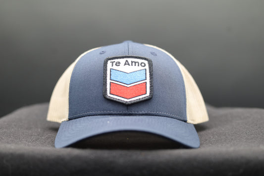 3 Bird Lifestyle Low Profile Trucker Hat • Navy / Khaki • Te Amo (Blue and Red) Patch