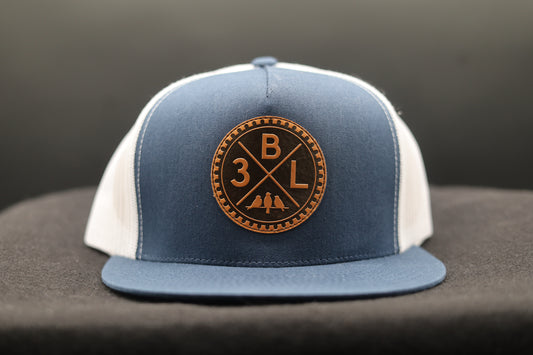 3 Bird Lifestyle Flat Bill Trucker • Navy & White • 3BLX Leather Patch