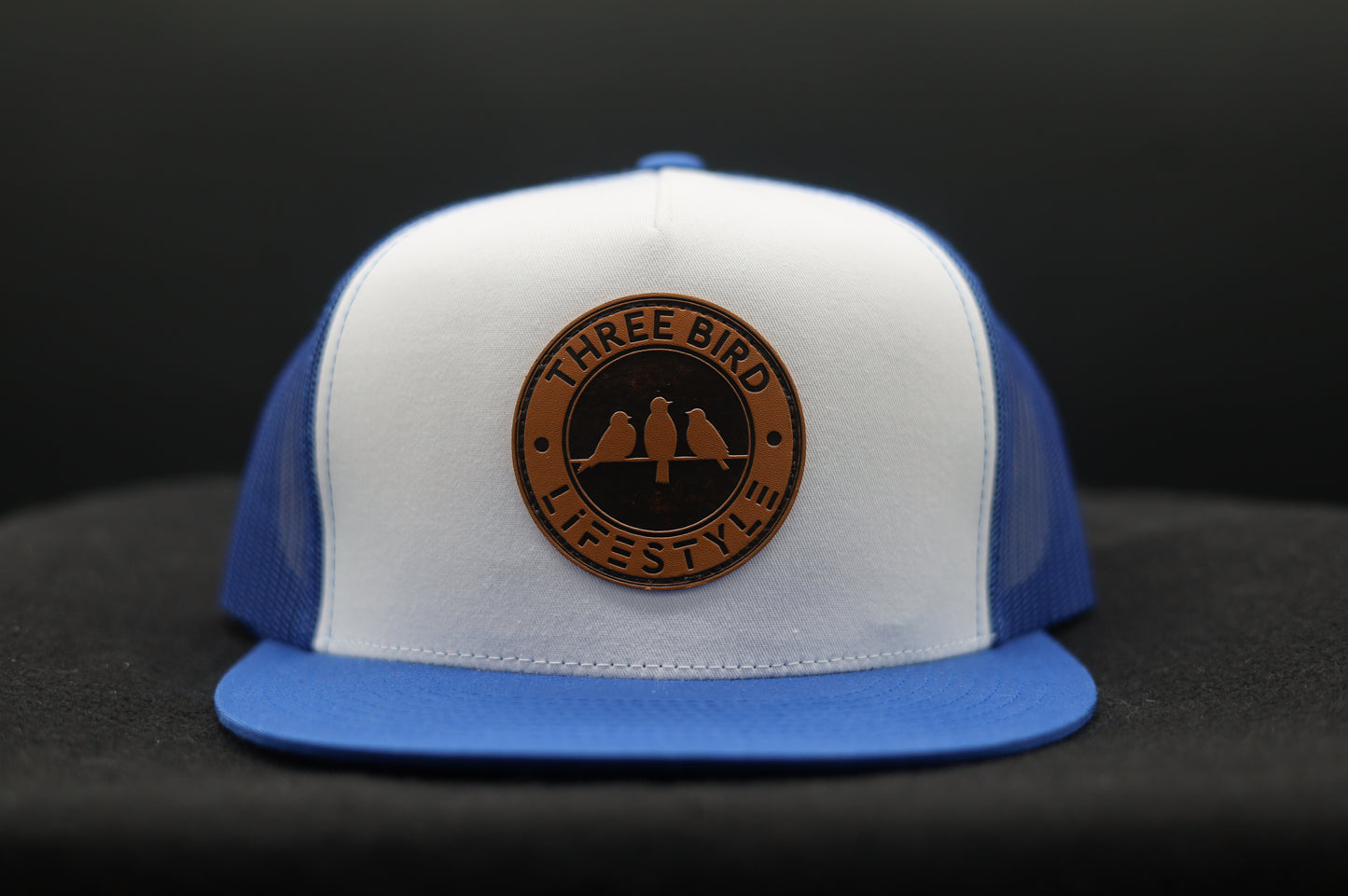 3 Bird Lifestyle Flat Bill Trucker • Royal & White • 3 Bird Lifestyle Leather Patch