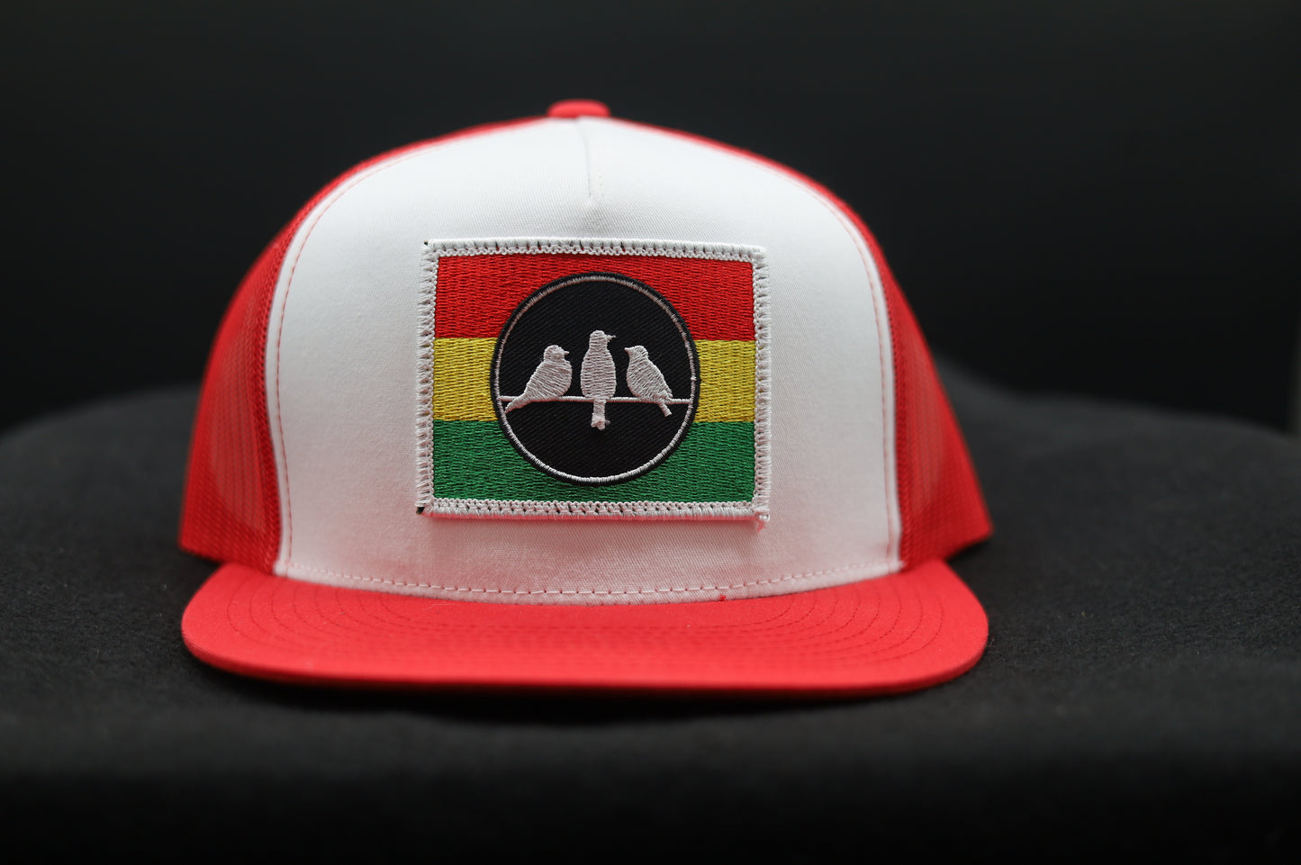 3 Bird Lifestyle Flat Bill Trucker •Red and White • 3 Bird Rasta Flag Patch