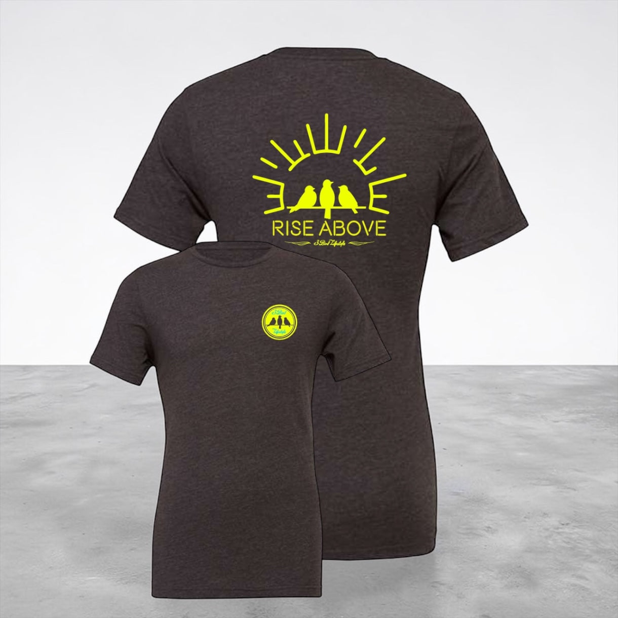 3 Bird Lifestyle T-Shirt • Rise Above • Charcoal & Yellow
