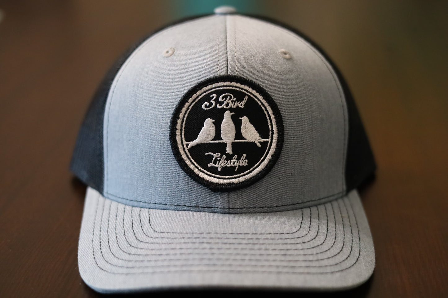 3 Bird Lifestyle Trucker Hat • Grey & Black • Embroidered Patch 3 Bird Lifestyle