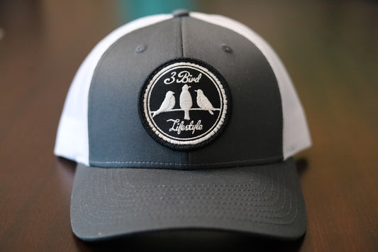 Richardson 115 Low Profile Trucker Hat • Dark Grey & White • Embroidered Patch 3 Bird Lifestyle