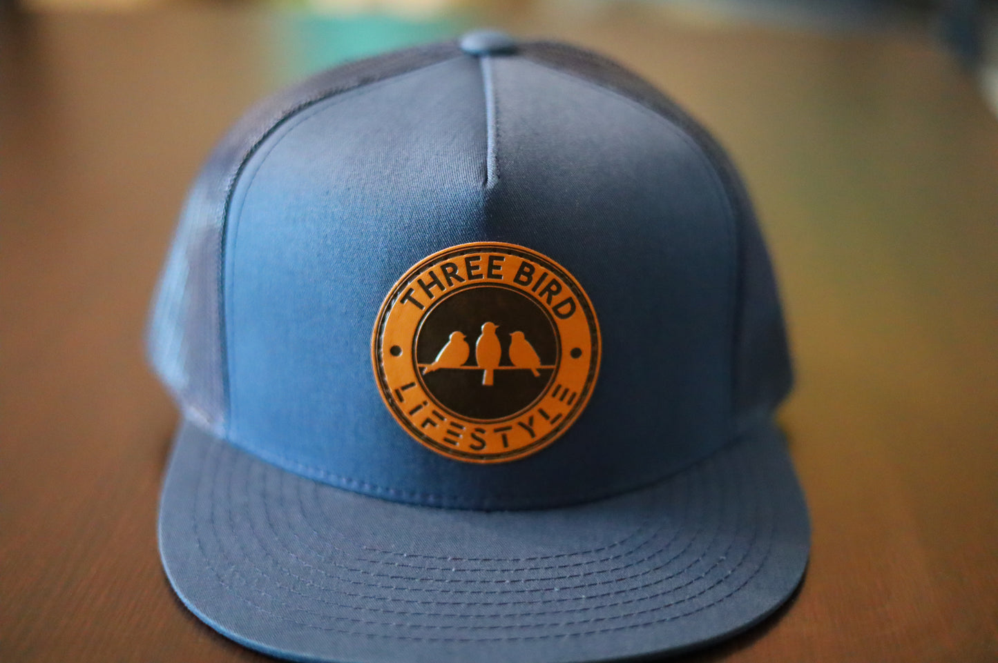 Old School Flat Bill Trucker • Navy • 3 Bird Lifestyle Leather Patch