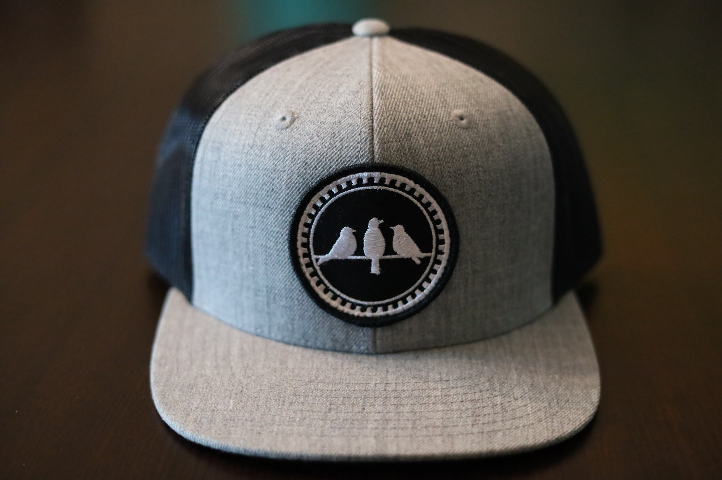 Richardson 511 Wool Blend Flat Bill Trucker • Heather Grey & Black • 3 Birds Only Patch