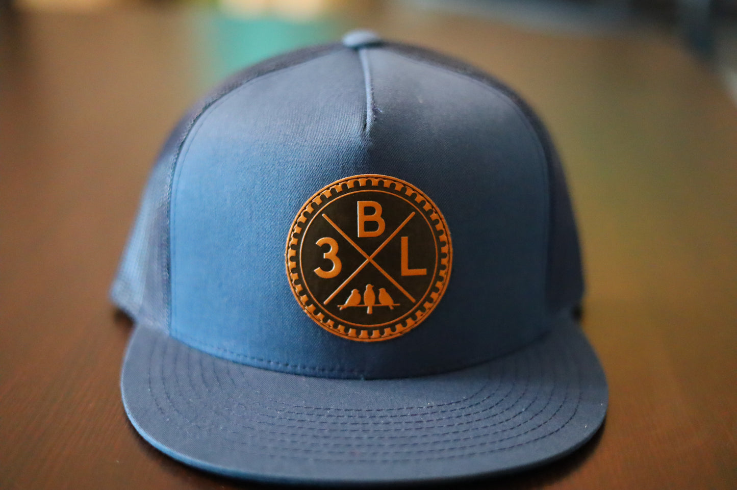 Old School Flat Bill Trucker • Navy • 3BLX Leather Patch