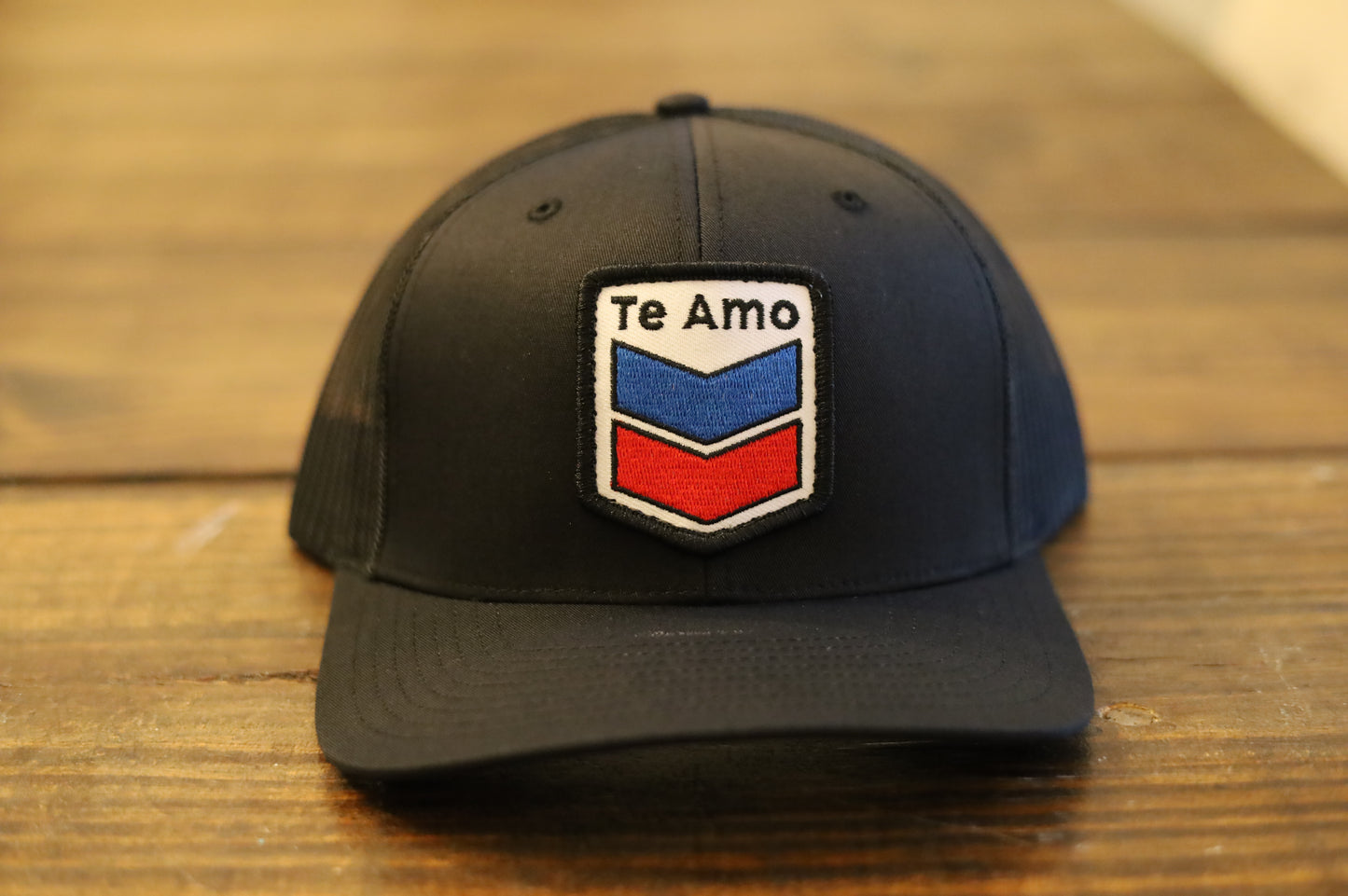 Richardson 112 Trucker Hat • Black • Te Amo (Blue & Red)