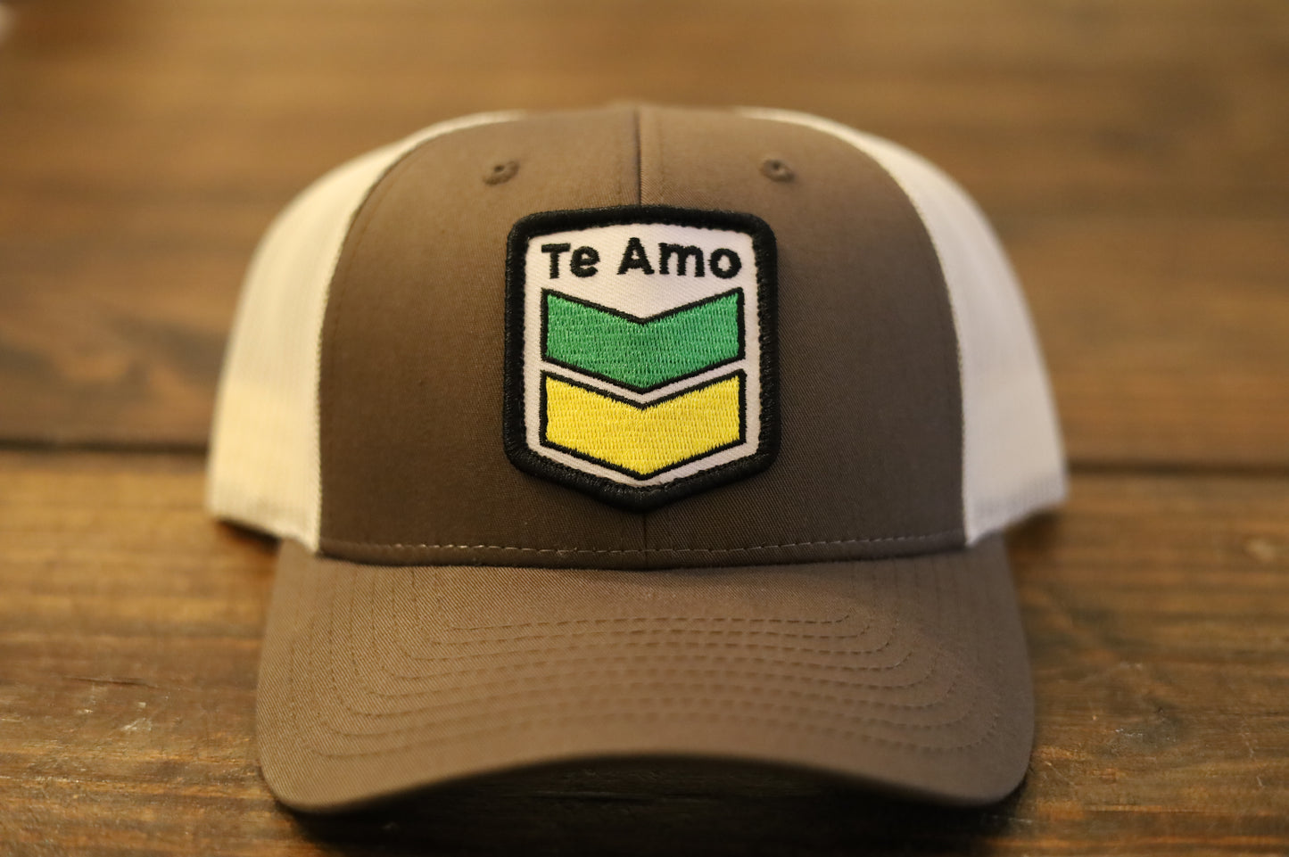 Richardson 115 Low Profile Trucker Hat • Brown/White • Te Amo (Jamaica) Patch