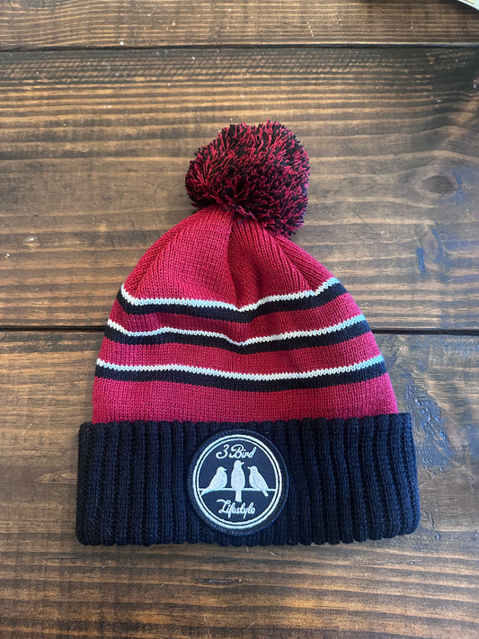 3 Bird Lifestyle •  Cardinal/ Black/ White • Stripe Cuffed Pom Beanie