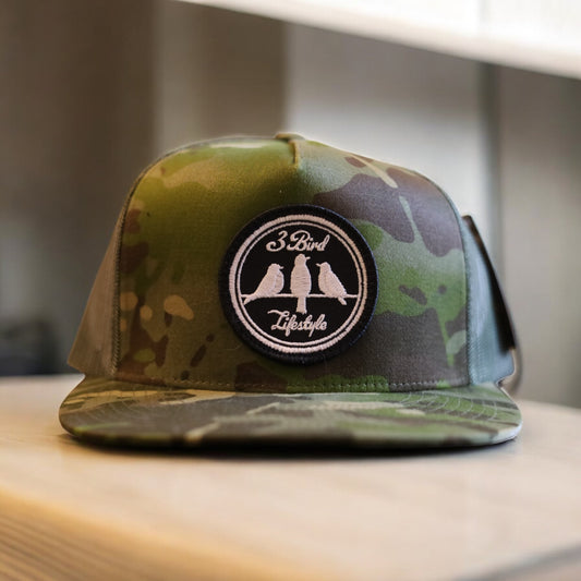 3 Bird Lifestyle Flat Bill Trucker • Multicam Tropic & Green • 3 Bird Lifestyle Patch