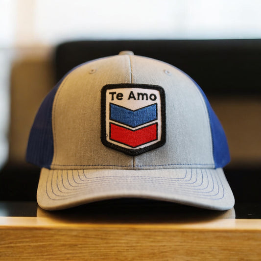 3 Bird Lifestyle Trucker Hat • Heather Grey & Royal Blue • Te Amo (Blue & Red) Patch