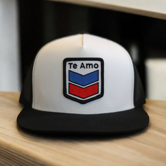 3 Bird Lifestyle Flat Bill Trucker • White / Black • Te Amo (Blue & Red) Patch