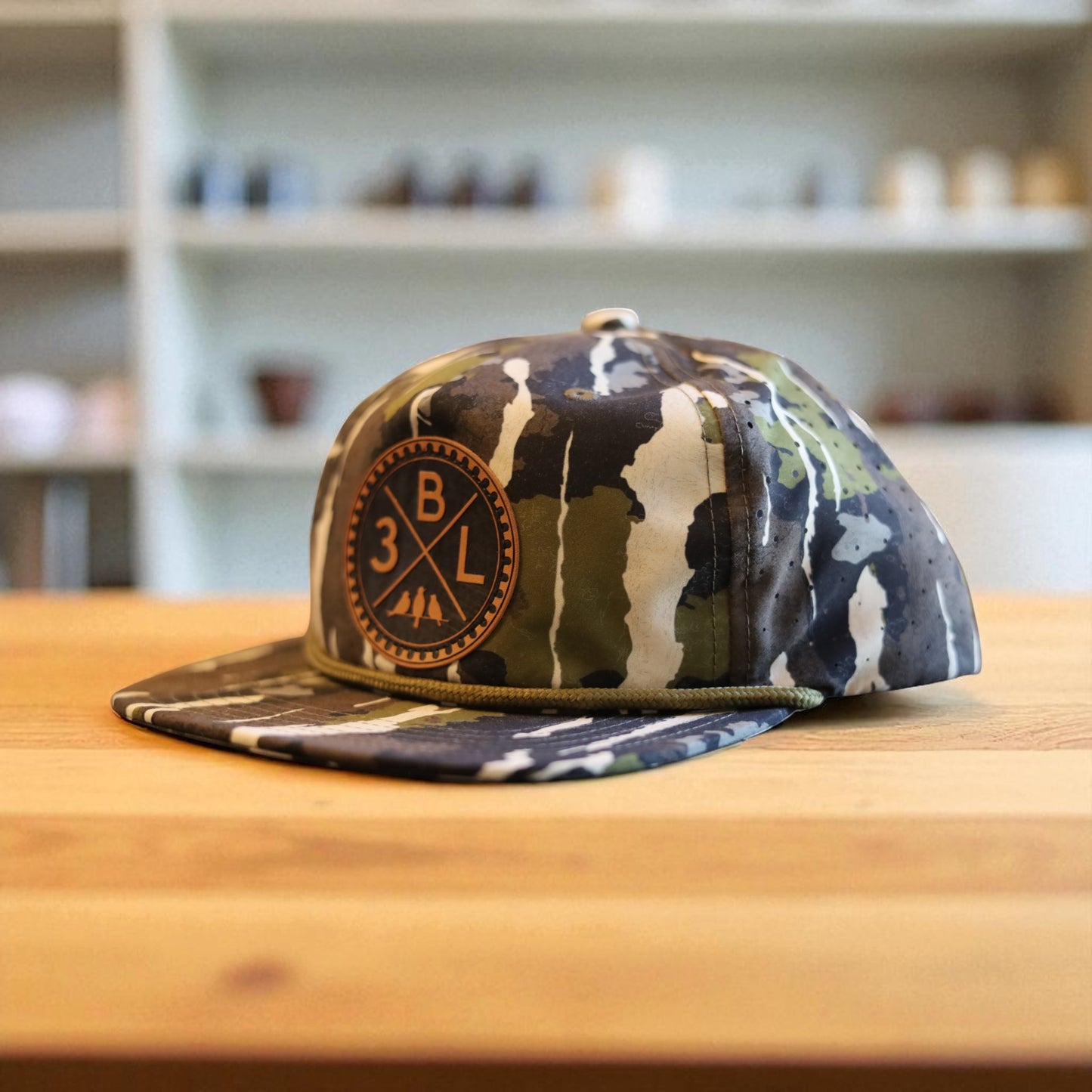 3 Bird Lifestyle Perforated Rope Hat •Burnt Umber & Duck Blind• 3BLX Leather Patch