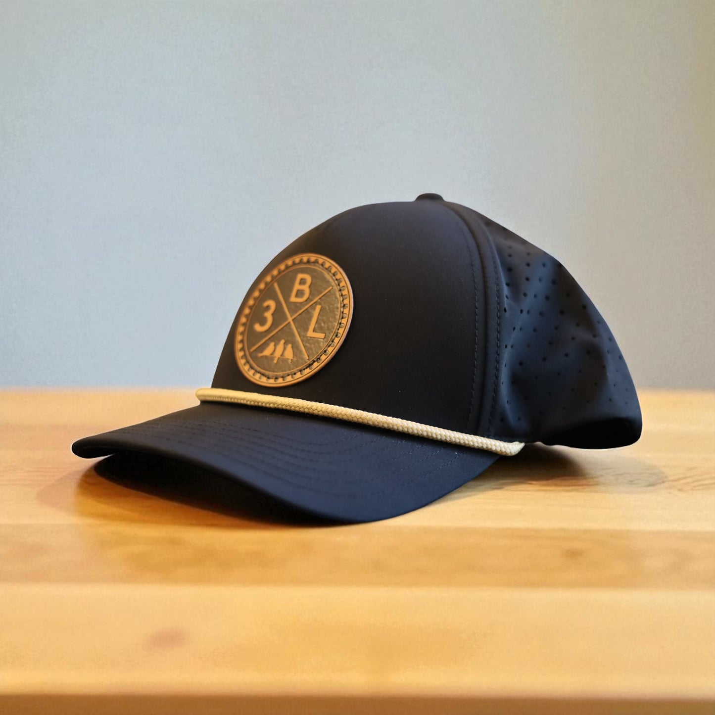 3 Bird Lifestyle Performance Perforated Rope Hat •Black & Tan • 3BLX Leather Patch