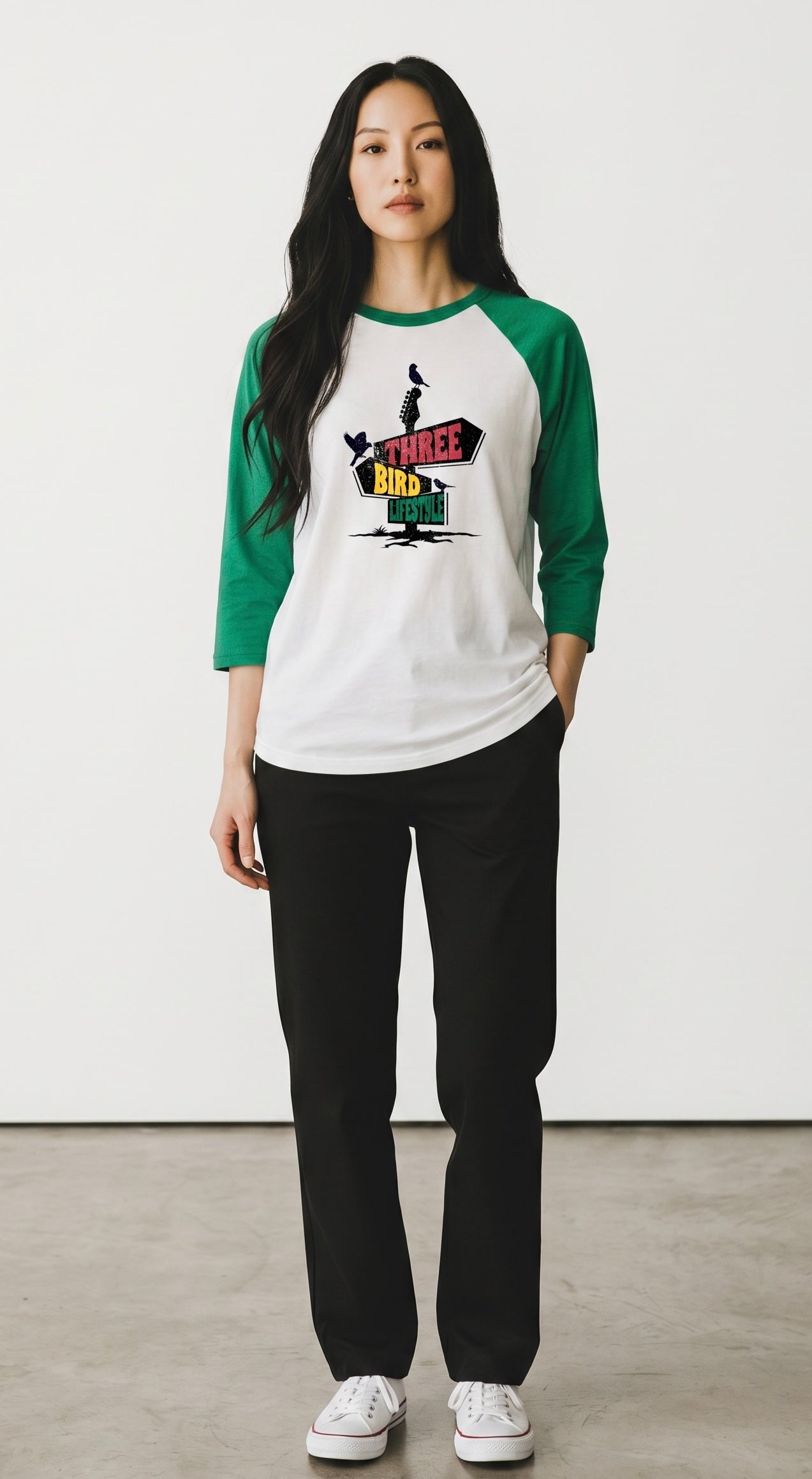 3 Bird Lifestyle Raglan • Three-Quarter Sleeve Baseball Tee • Green & White