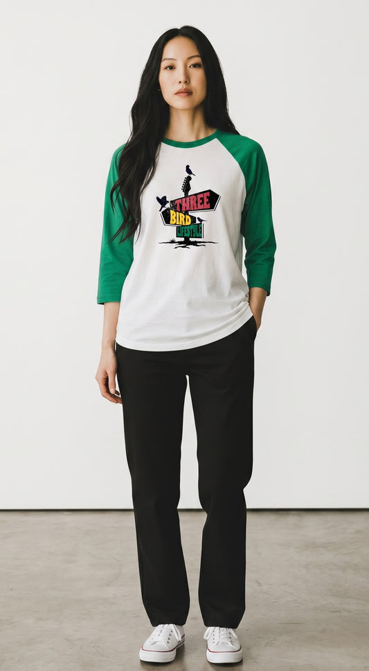 3 Bird Lifestyle Raglan • Three-Quarter Sleeve Baseball Tee • Green & White