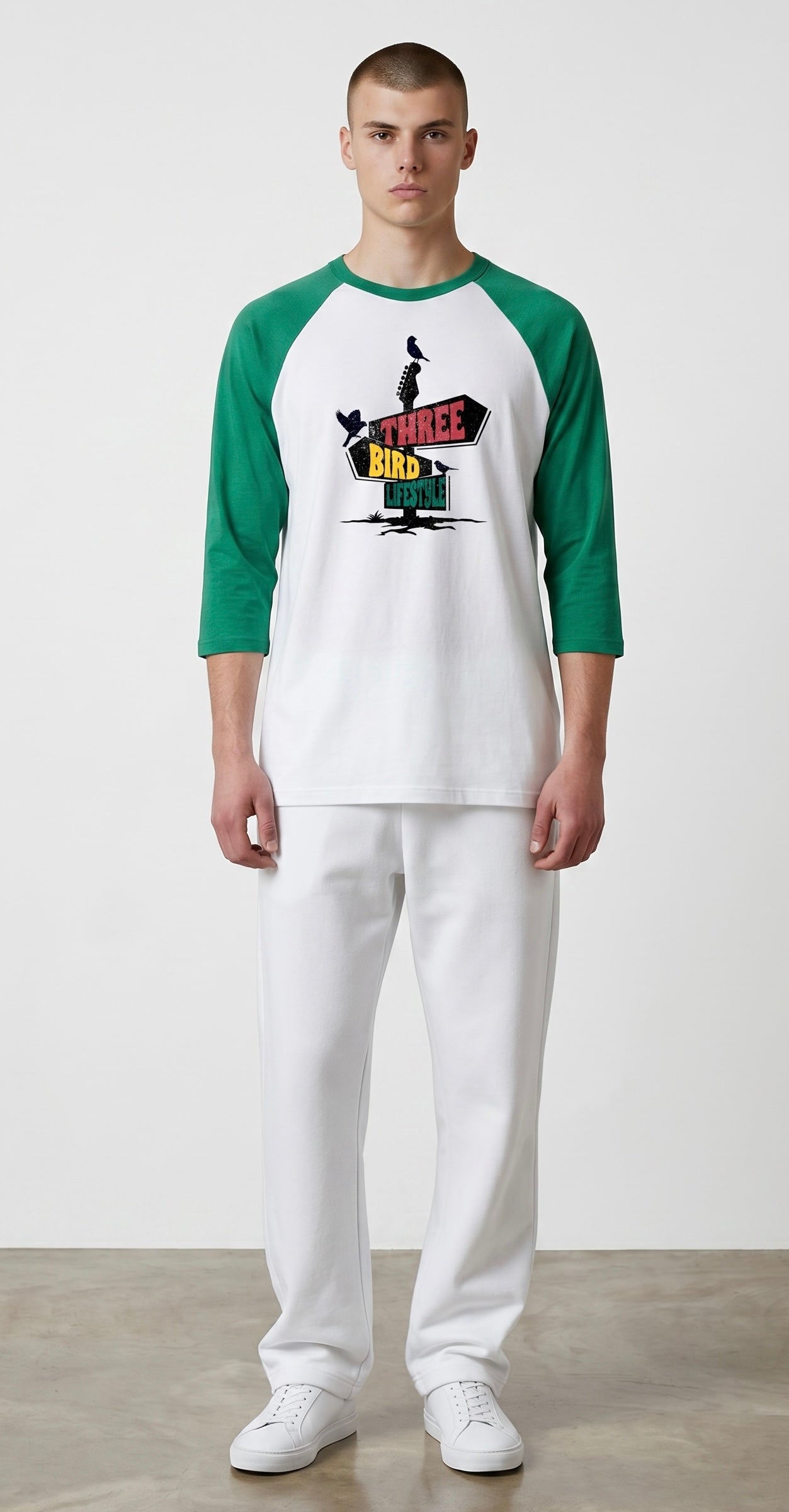 3 Bird Lifestyle Raglan • Three-Quarter Sleeve Baseball Tee • Green & White