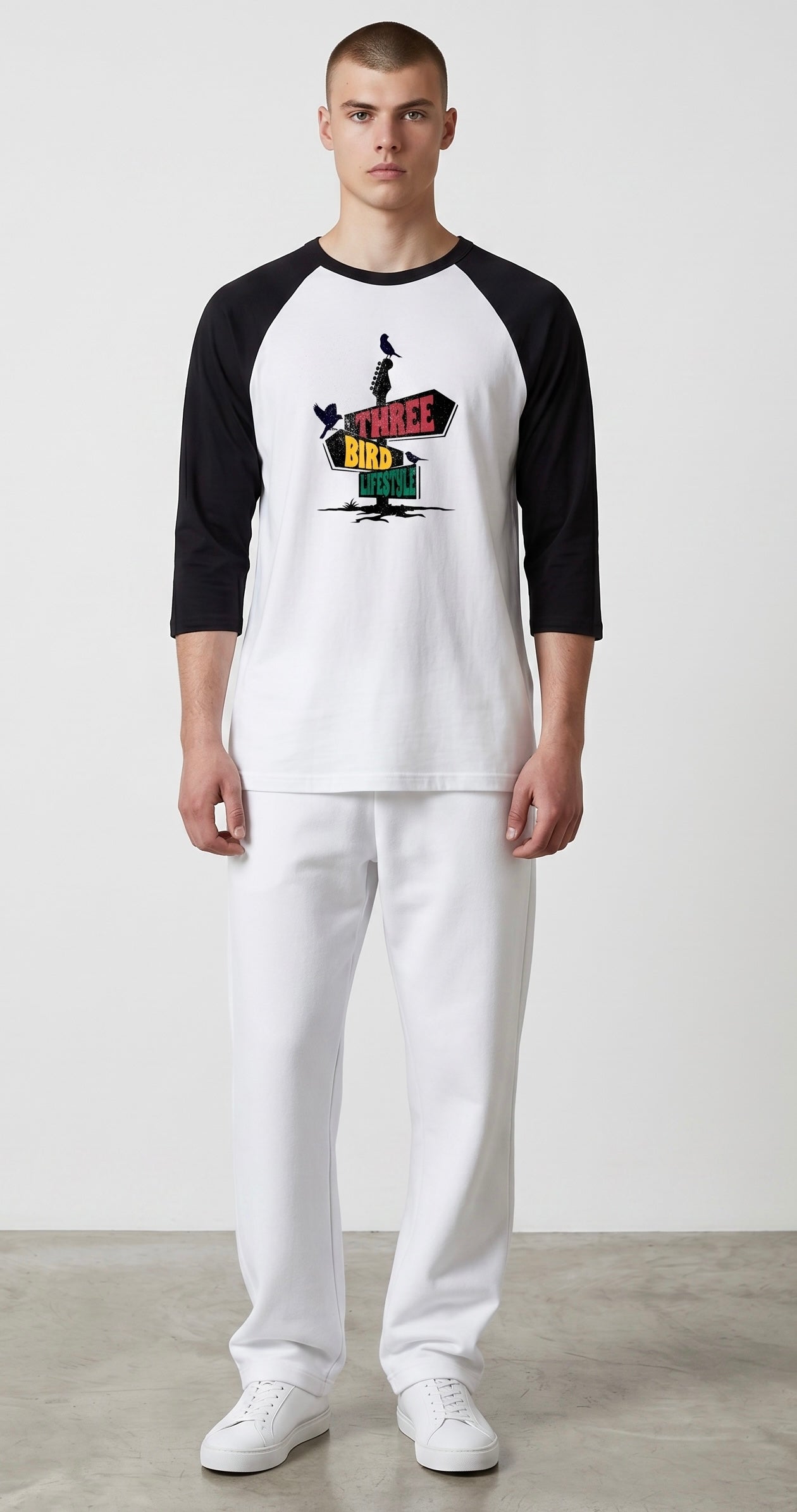 3 Bird Lifestyle Raglan • Three-Quarter Sleeve Baseball Tee • Black & White