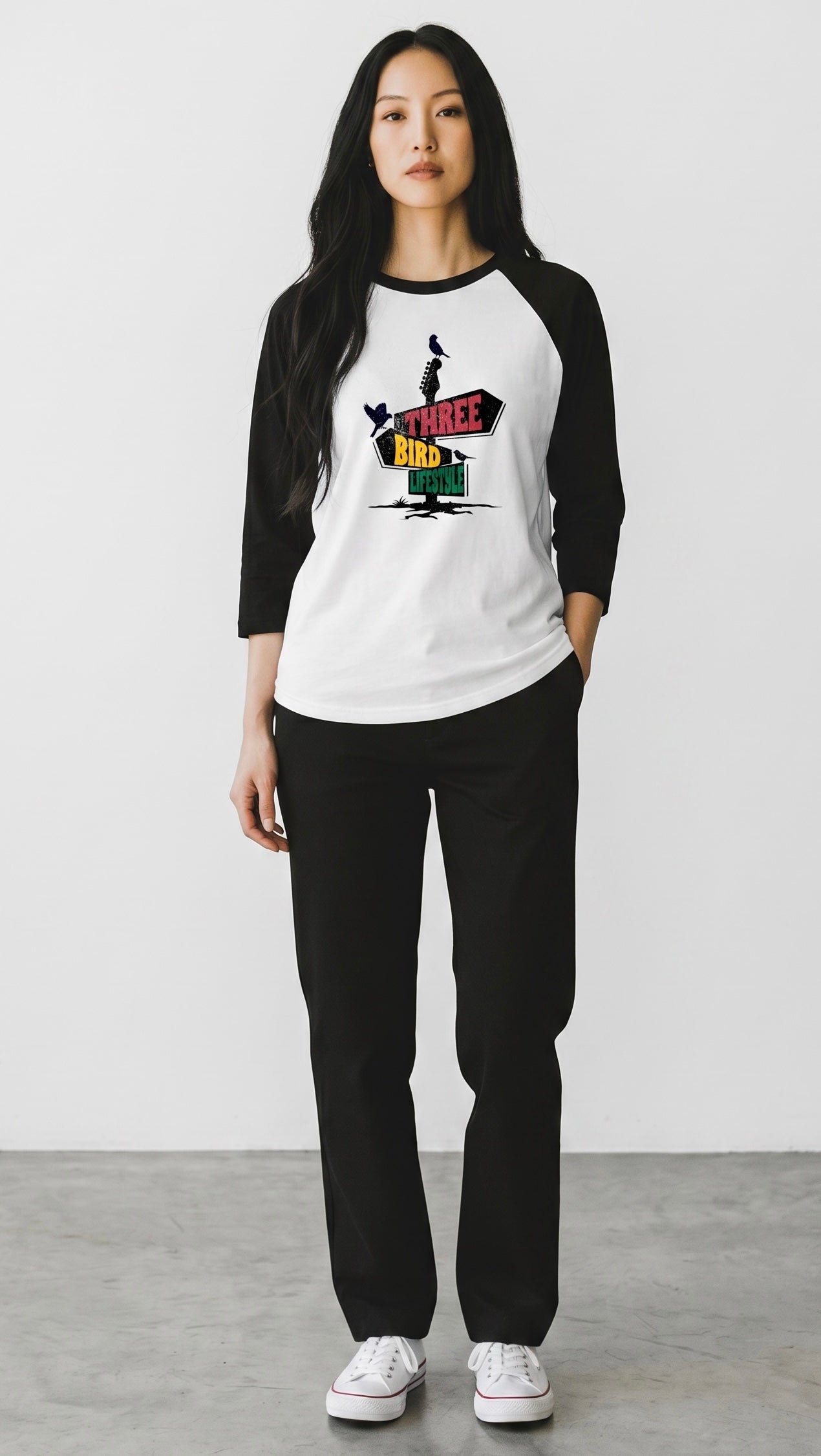 3 Bird Lifestyle Raglan • Three-Quarter Sleeve Baseball Tee • Black & White